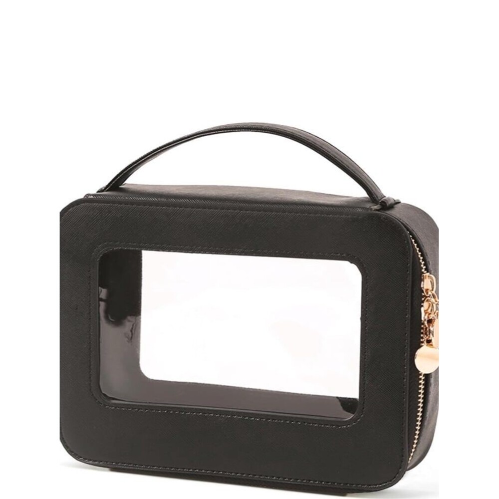 NWT Large Unisex clear makeup toiletries  bag TSA approved black with gold zippr